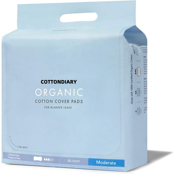 COTTONDIARY Organic Sanitary Pads Moderate- Organic Bladder Control and Postpartum Pads, 4-Layer Core with Leak Guard Technology, Postpartum (30 Count)